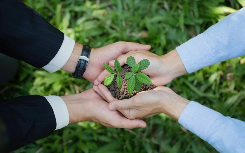 Corporate professionals together holding a sapling and soil