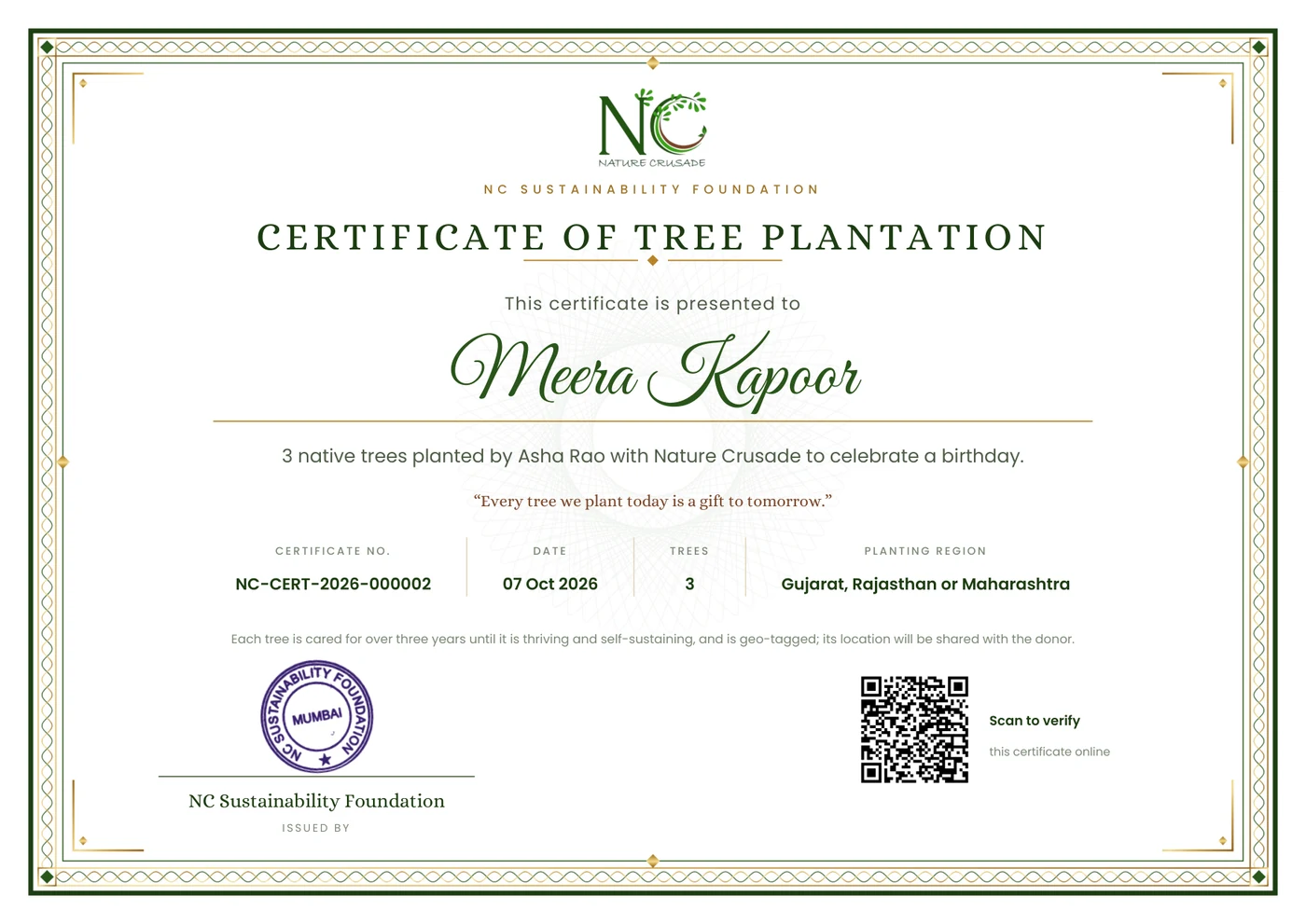Sample Nature Crusade certificate of tree plantation, made out to the honoree with the donor's name, occasion, number of trees and a verification QR code