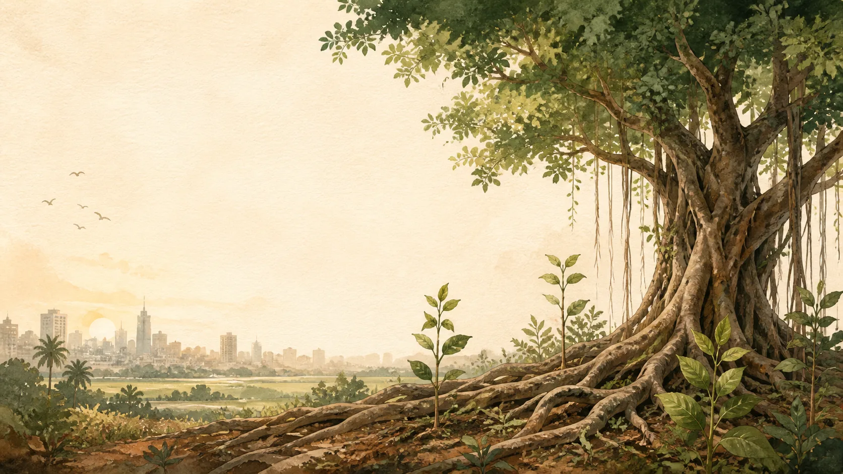Illustrated banyan tree and young forest at sunrise