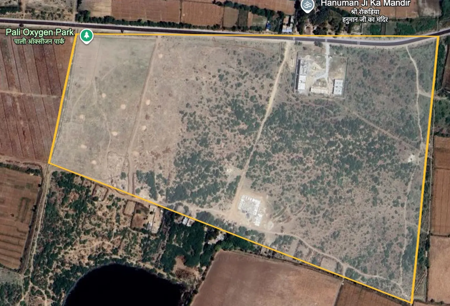 Satellite view of the Pali Oxygen Park site, its boundary outlined in yellow
